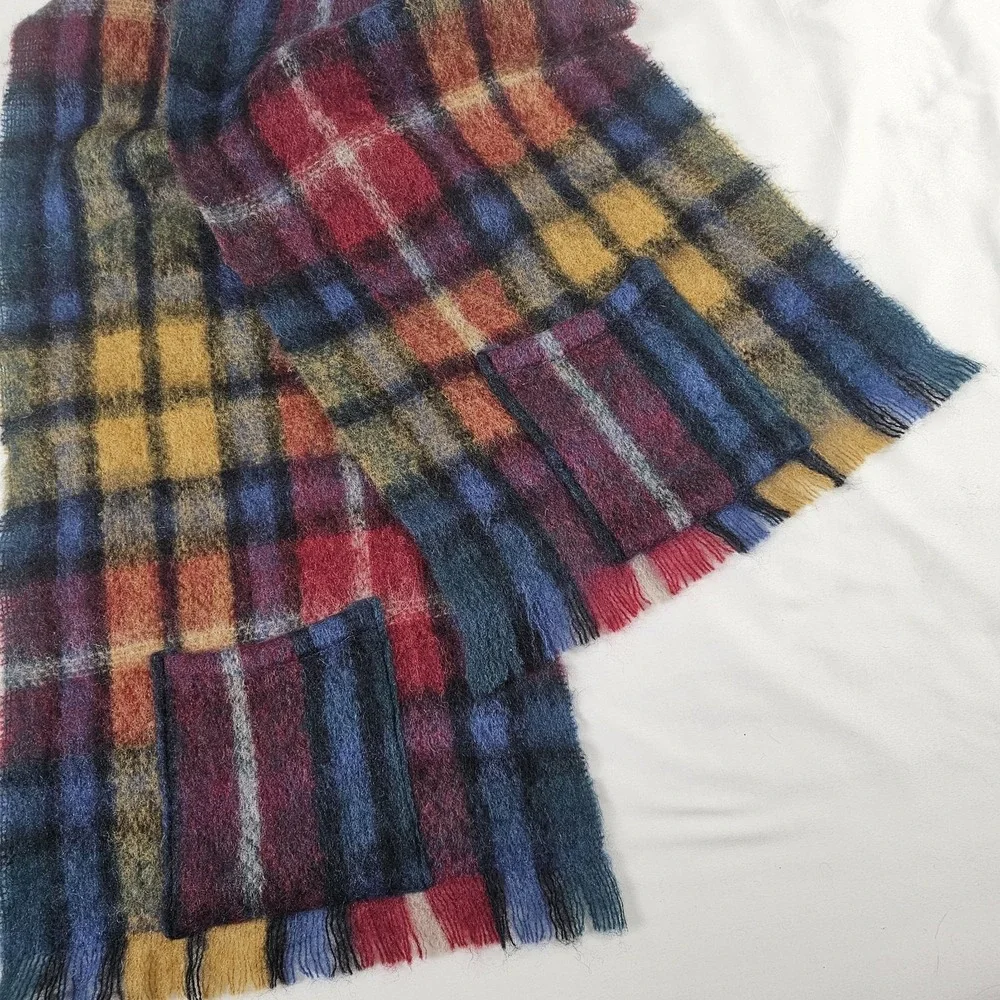 Vtg Highland Home Ind Mohair Wool Shawl Pockets Red‎ Yellow Plaid Scarf  16 X 74
